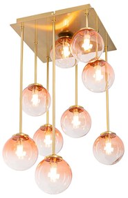 Candeeiro de teto Art Deco dourado com vidro rosa 9 luzes - Athens