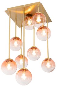 Candeeiro de teto Art Deco ouro com vidro rosa 9 luzes - Atenas Art Deco