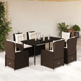 7 pcs conjunto jantar p/ jardim c/ almofadões vime PE castanho