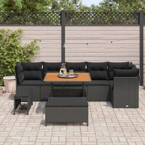 Conjunto de Sofá de Jardim com 9 Peças e Almofadas de Rattan Preto de