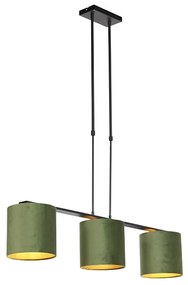 Candeeiro de suspensão com abajures de veludo verde com dourado 20cm - Combi 3 Deluxe Country / Rústico