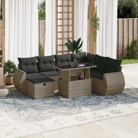 8 pcs conjunto sofás de jardim c/ almofadões vime PE cinzento
