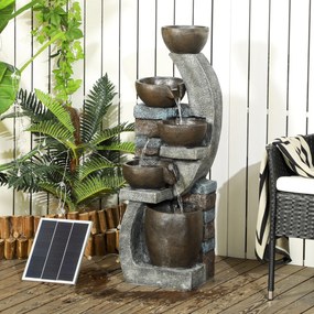Fonte de água para exterior com 5 níveis, fonte de jardim com luzes LED, painel solar e bomba, em resina cinzenta e castanha