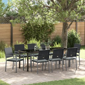 vidaXL Conjunto de Jantar de Jardim com 9 Peças e Almofadas em Rattan Poliéster Preto