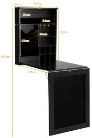 Secretária compacta para computador dobrável de parede com quadro ajustável 87 x 60 x 150 cm preto