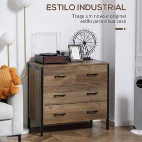 HOMCOM Cómoda com 4 Gavetas Cómoda de Madeira para Dormitório Móvel de Armazenamento Estilo Industrial para Escritório Dormitório Anti-Tombo 80x40x75cm Marrom e Preto