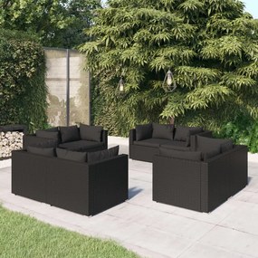 vidaXL 8 pcs conjunto lounge de jardim c/ almofadões vime PE preto