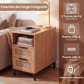 Conjunto de 2 mesas de cabeceira em rattan 60 x 35 x 61 cm com estação de carregamento e 2 gavetas estilo boho com armazenamento aberto natural e pret