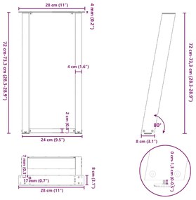 Pés de mesa de console em forma de U, 2 peças, preto, 28x(72-73) cm, a