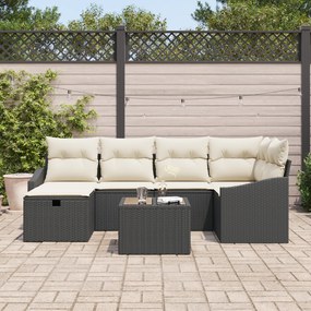 Conjunto de Sofá de Jardim de 7 Peças com Almofadas Preto Rattan Poli