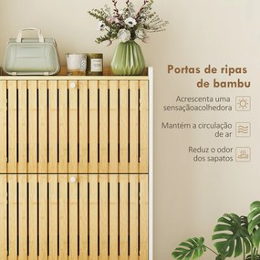 Sapateira Estreita com 3 Portas de Bambu Prateleiras Ajustáveis para 18 Pares de Sapatos 60x24x118 cm Branco e Madeira