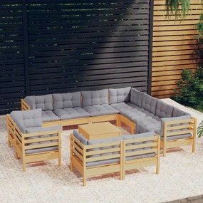 12pcs conjunto lounge de jardim + almofadões cinza pinho maciço