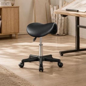 Banco de trabalho com rodas ergonómico em couro PU, com altura ajustável 56 x 56 x 45-61 cm Preto