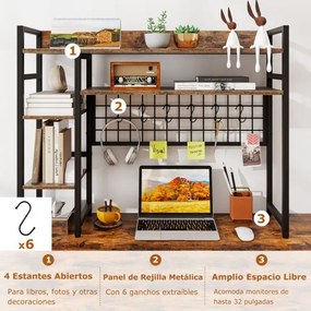 Estante para meter sobre mesa com 4 níveis e compartimento aberto na parte traseira e 6 ganchos 94 x 25 x 73,5 cm castanho