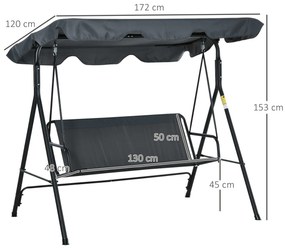 Outsunny Baloiço de Jardim de 3 Lugares com Almofada Toldo Ajustável e Estrutura de Metal para Balcão Terraço Patio Carga Máx. 200kg 172x110x153cm Cinza