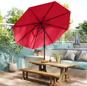 Guarda-sol jardim de 270 cm com 8 varas robustas, toldo ventilado resistente com inclinação por botão Vermelho