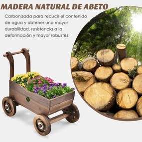 Carrinho floreira com caixa de madeira Rodas Buraco de drenagem Suporte de vasos de flores Decoração de jardim Pátio Varanda Castanho