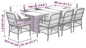 9 pcs conjunto de jantar p/ jardim c/ almofadões vime PE preto
