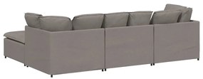 Sofá modular com pufes e almofadas tecido cinzento-acastanhado