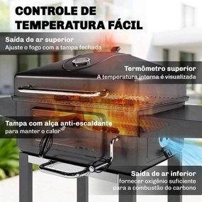 Grelhador de Carvão com Bandeja e Ventilação Ajustável Prateleiras Laterais Rodas Termómetro Tampa e Porta