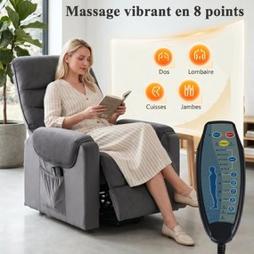Poltrona elevatória elétrica com massagem, vibração e aquecimento, poltrona de relaxamento elétrica em veludo, cinzento escuro