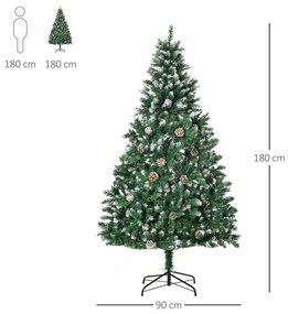 Árvore de Natal Artificial Ø90x180cm com 1111 Ramos de PVC e 59 Pinhas Base Dobrável e Suporte de Aço Decoração de Natal para Interiores Verde