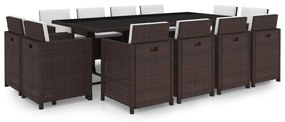 vidaXL 13 pcs conjunto jantar exterior com almofadões vime PE castanho