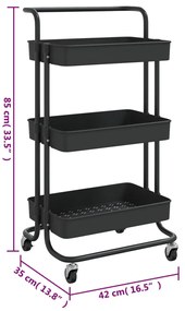 Carrinho cozinha c/ 3 prateleiras ferro/ABS 42x35x85 cm preto