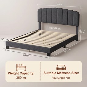 Cama de Casal Estofada 160x200 cm (COLCHÃO NÃO INCLUIDO) com Cabeceira Ajustável Acolchoada Ripas de Madeira Cinzento-Antracite
