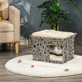 Cesta de Vime para Gatos de 2 Níveis Cama Caverna de Gatos com 2 Almofadas Suaves Estrutura de Metal 51x42x37cm Cinza e Bege