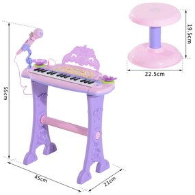 Órgão Eléctrico Infantil 37 Teclas Piano Infantil com Microfone Banquinho Luzes Ritmos Sons MP3 Karaoke Modo Aprender Rosa