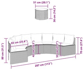 Sofá de jardim com mesa e almofadões semicircular vime PE cinza