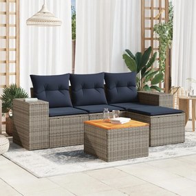 vidaXL 5 pcs conjunto sofás p/ jardim c/ almofadões vime PE cinzento