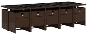 11 pcs conjunto jantar p/ jardim c/ almofadões vime PE castanho