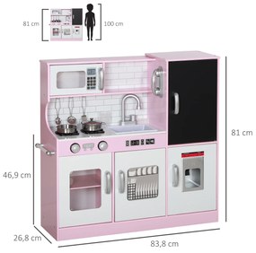 Cozinha de Brincar para Crianças acima de 3 anos Cozinha Infantil de Madeira com Acessórios Máquina de Gelo Ardósia e Telefone 83,8x26,8x81 cm Rosa