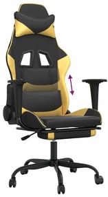 Cadeira gaming c/ apoio pés couro artificial preto e dourado