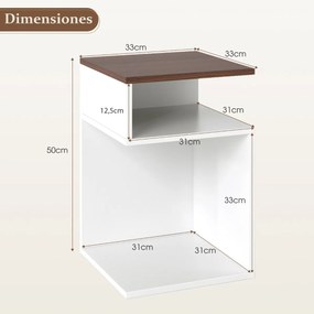 Conjunto 2 mesas de cabeceira 33 x 33 x 50 cm em forma de S com 2 compartimentos abertos, branca e cor nogueira