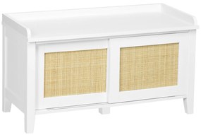 Banco Sapateira com 2 Portas de Vime Estilo Boémio Carga Máxima 130 kg para Corredor Entrada 80x35x45 cm Branco e Bege