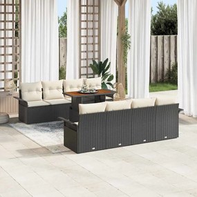 vidaXL Conjunto de Sofá de Jardim de 9 Peças com Almofadas Pretas em Polirattan e Acácia