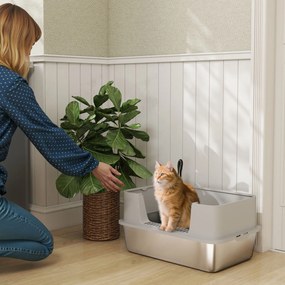 Caixa de Areia para Gatos em Aço Inoxidável XL Caixa de Areia para Gatos com Borda Alta e Pá 60x40x29,5 cm Cinzento