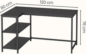 Secretária com espaço de arrumação, em L 120 x 80 x 76 cm, prateleira ajustável em altura Preto