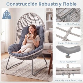 Cadeira jardim «Ovo Grande» 98 x 88,5 x 137,5 cm com almofada removível, travesseiro e Estrutura metálica para sala, varanda ou alpendre Bege + Cinzen