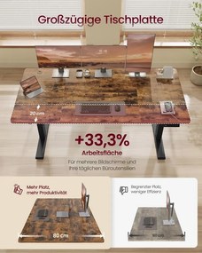 Secretária elétrica com altura ajustável 160 x 80 x (72-120) cm, porta USB e função de memória, castanho vintage