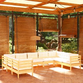 vidaXL 9 pcs conjunto lounge jardim c/ almofadões cor creme pinho