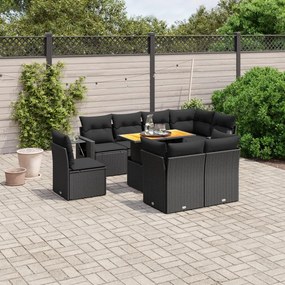 9 pcs conjunto de sofás p/ jardim c/ almofadões vime PE preto