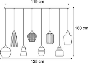 Candeeiro suspenso Art Deco preto com vidro âmbar 8 luzes - Hanne