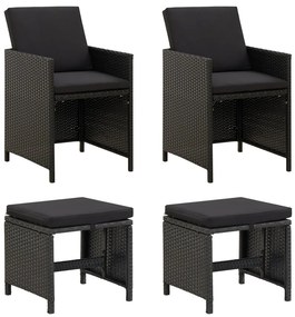 vidaXL 4 pcs conjunto de cadeiras e bancos de jardim vime PE preto