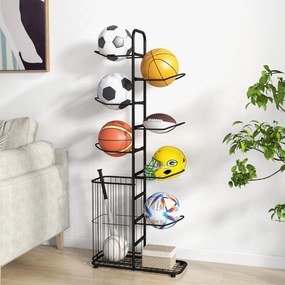 Estante de armazenamento de bolas de 7 níveis Estante de basquetebol com 7 barras de suspensão amovíveis e cesto lateral para bolas