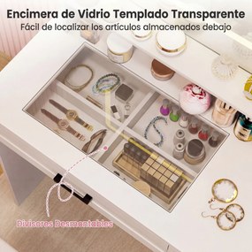 Toucador de maquilhagem com espelho e luzes 90 x 40 x 140 cm, com banco, espaço de arrumação, tomadas, tampo em vidro, 3 cores, luz regulável, branco