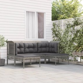 5 pcs conjunto lounge de jardim c/ almofadões vime PE cinzento